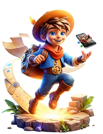 ProsperousPlay character – a cheerful, cartoon-style adventurous boy in an explorer outfit and wide-brimmed hat, mid-jump on a magical path, holding a glowing futuristic device, surrounded by floating stone steps and greenery.
